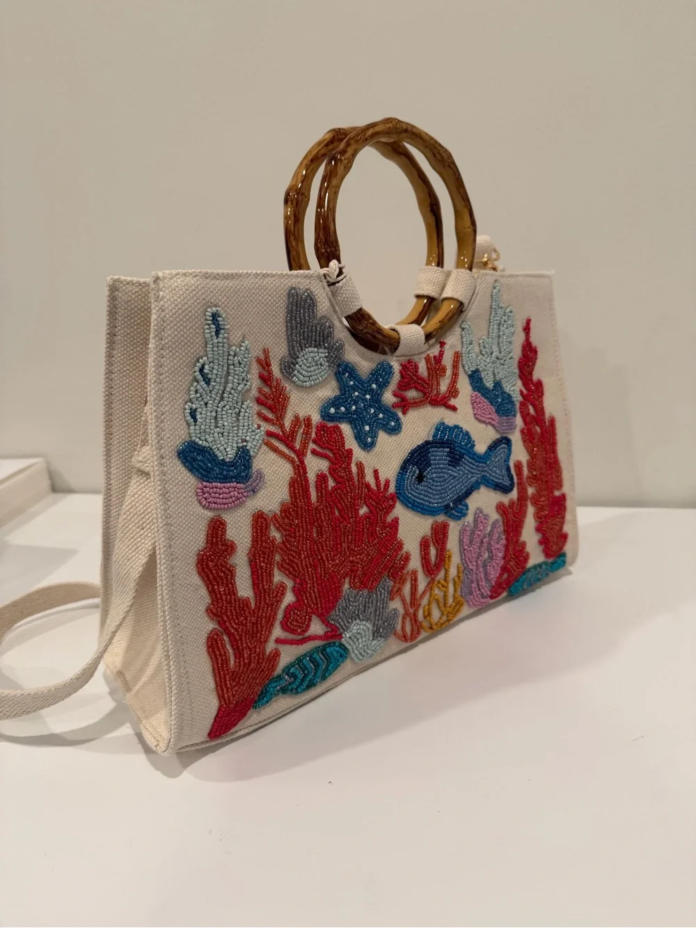 Beaded Ocean Embroidered Canvas Tote Bag with Bamboo Handles - Cream